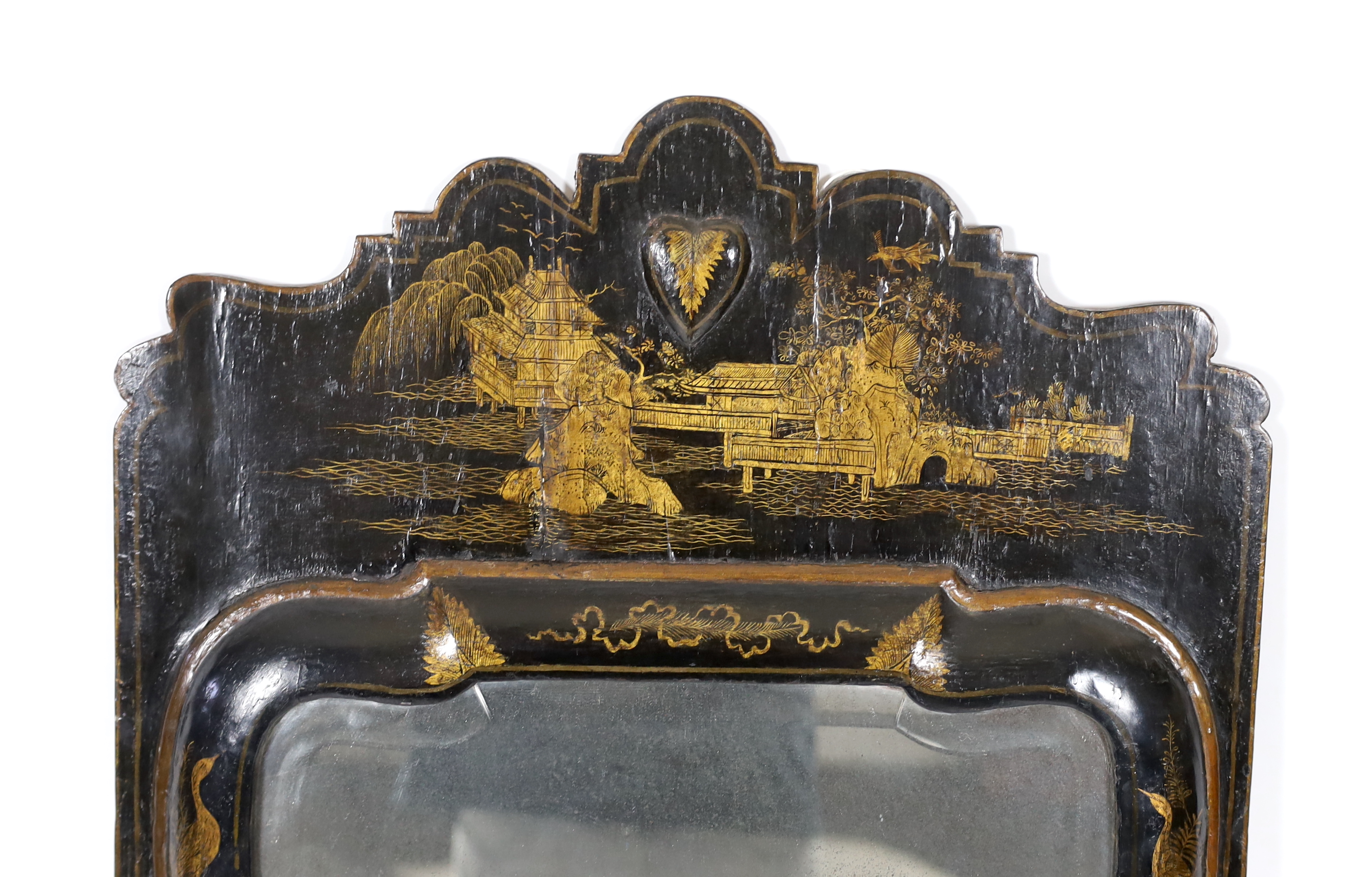 A William and Mary cushion framed lacquer pier mirror, 51cm wide, 151cm high
